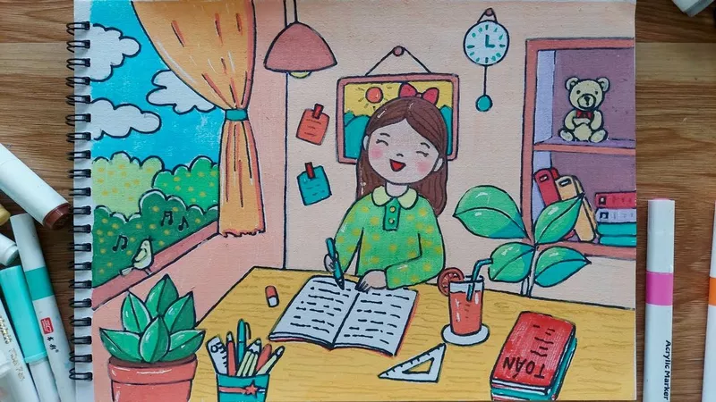 Tranh vẽ góc học tập cute dễ thương