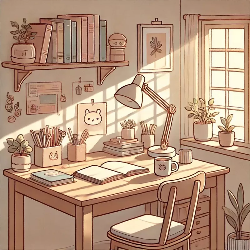 Tranh vẽ góc học tập với ánh sáng tự nhiên