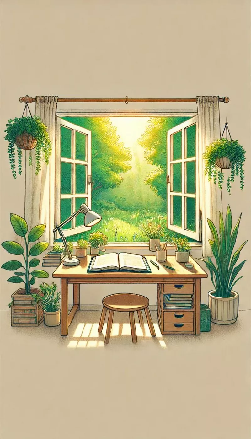 Tranh vẽ góc học tập với cửa sổ và ánh nắng