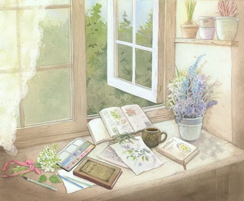 Vẽ góc học tập có cây xanh và sách vở