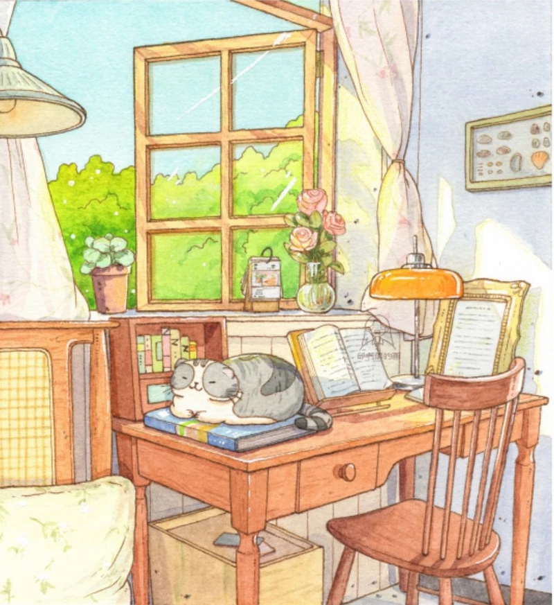 Vẽ góc học tập ngăn nắp với bàn học và kệ sách